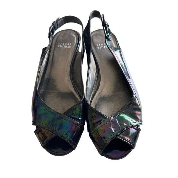 Stuart Weitzman Patent Leather Sling Back Flats Women's 8 Black Petrol Patent - Picture 2 of 12